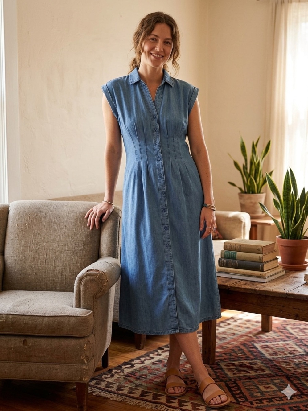 New Kobi Halperin Light Blue Denim Button-Front Midi Dress